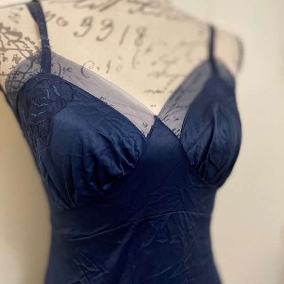 VTG romantic  Navy blue slip dress chemise neglige lingerie cottagecore - Picture 7 of 8